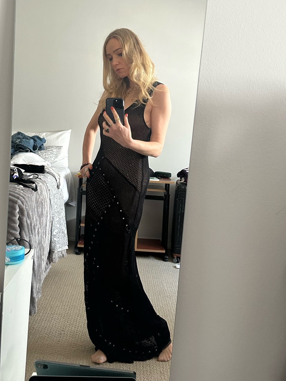 Gala Evening Gown Catherine Malandrino Black Sheer Studded Maxi Dress